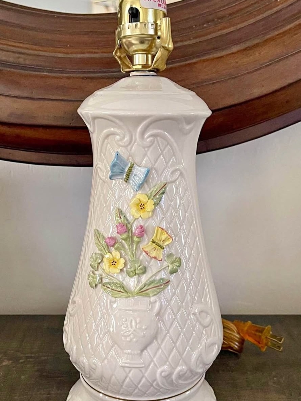 Ceramic Floral Relief Table Lamp - White with Pastel Accents